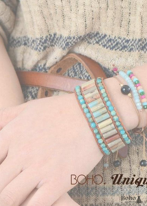 Pulsera Boho, Pulsera de Cuero, Piedra Azul Plateada